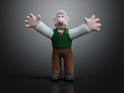 Cheerful Cartoon Character Figurine With Open Arms Green Vest White Shirt And Brown Pants 3d model