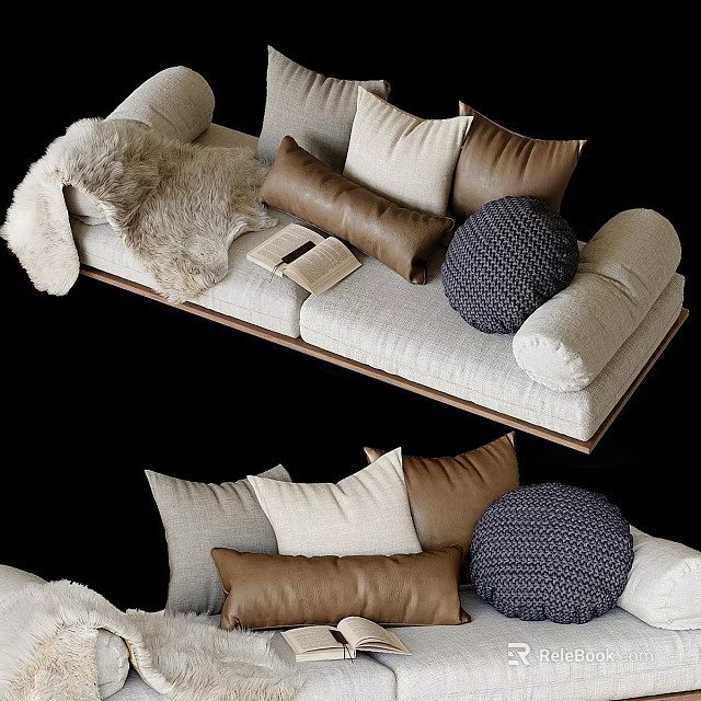 Cozy Two Seater Sofa With Knitted Pillows Faux Fur Throw And Neutral Tones 3d model 