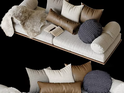 Cozy Two Seater Sofa With Knitted Pillows Faux Fur Throw And Neutral Tones 3d model