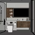 Modern Bathroom Interior Design With Glass Shower Wooden Vanity Large Mirror And White Toilet