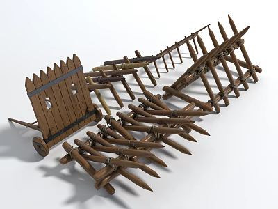 Rustic Wooden Spiked Fence Components With Stacked Panels And Wheel Attachments 3d model
