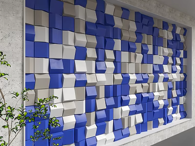 3D Geometric Background Wall With Blue White Gray Cubes And Green Plant 3d model