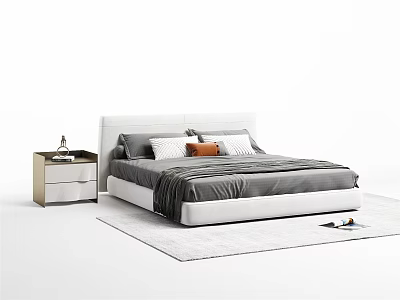 Modern Double Bed Interior With White Headboard Grey Bedspread Nightstand And Rug 3d model