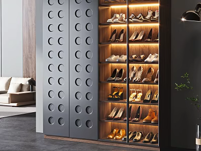 Modern Shoe Cabinet With Circular Hole Doors And Built In Lighting For Displaying Shoes 3d model