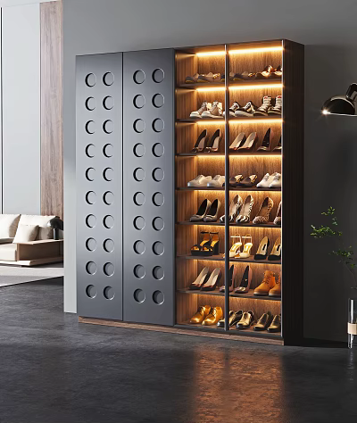 Modern Shoe Cabinet With Circular Hole Doors And Built In Lighting For Displaying Shoes 3d model