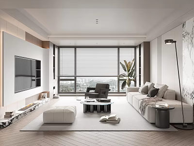 Modern Living Room Interior Design With TV Sofa Blinds Large Windows And Floor Lamp 3d model