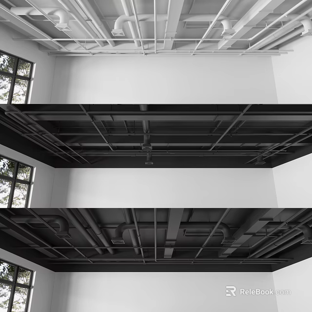 Metal Pipes On Ceiling With Industrial Framework And Building Structural Layout 3d model
