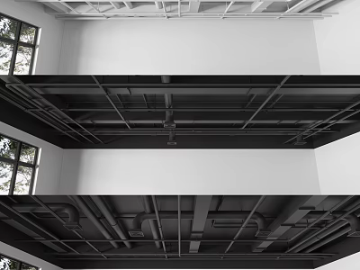 Metal Pipes On Ceiling With Industrial Framework And Building Structural Layout 3d model
