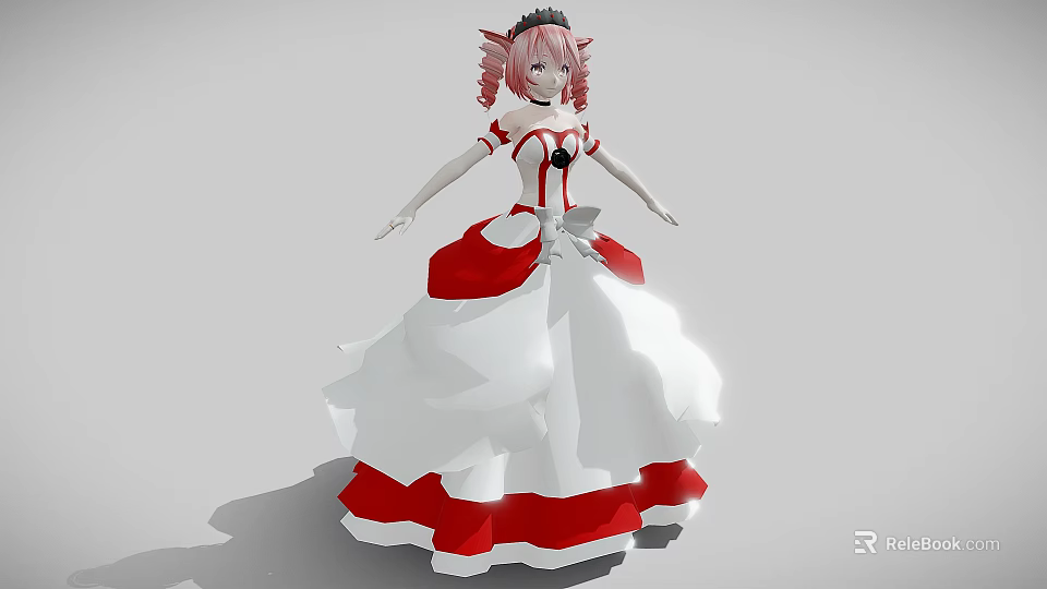 Woman in Red and White Dress with Pink Hair Accessories and Fluffy Bow Decorated Skirt 3d model 
