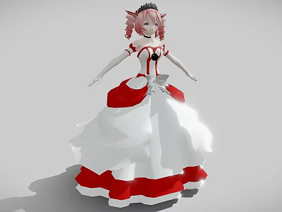 Woman in Red and White Dress with Pink Hair Accessories and Fluffy Bow Decorated Skirt 3d model