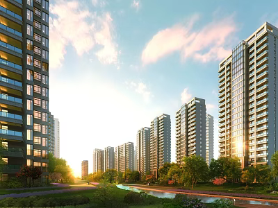 Modern High Rise Residential Buildings With Greenery Road Water Feature Sunlight And Cloudy Sky 3d model