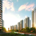 Modern High Rise Residential Buildings With Greenery Road Water Feature Sunlight And Cloudy Sky