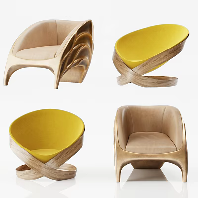 Modern Sculptural Accent Chairs With Wooden Frame And Yellow Beige Cushions For Home Decor 3d model