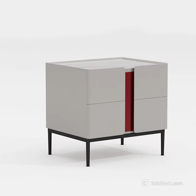 Modern Light Gray Bedside Table With Two Drawers Red Accent And Black Slim Legs 3d model 