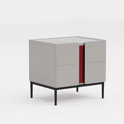 Modern Light Gray Bedside Table With Two Drawers Red Accent And Black Slim Legs 3d model