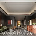 Elegant Modern Hotel Lobby Interior With Green Sofa And Wooden Front Desk
