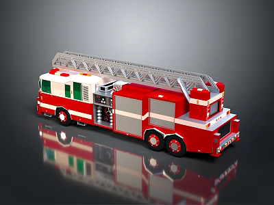 Red Fire Truck With Extended Ladder And Green Windows On Reflective Surface 3d model