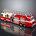Red Fire Truck With Extended Ladder And Green Windows On Reflective Surface