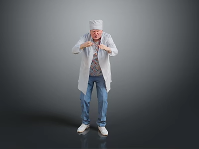 Man in White Chef Hat and White Coat with Blue Jeans Standing on Gray Background 3d model