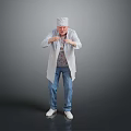 Man in White Chef Hat and White Coat with Blue Jeans Standing on Gray Background