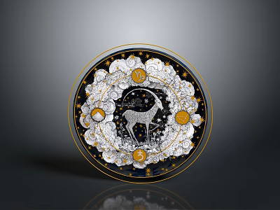 Intricate Sculpture Carving On Circular Plate With Antelope Design And Gold Accents 3d model