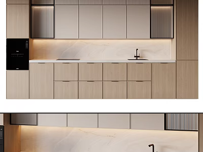 Modern Kitchen Interior Design With Wooden Cabinets And Marble Countertop 3d model