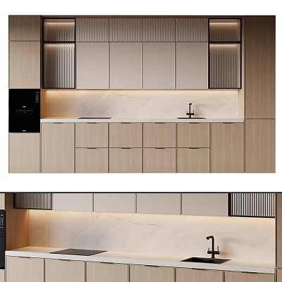 Modern Kitchen Interior Design With Wooden Cabinets And Marble Countertop 3d model
