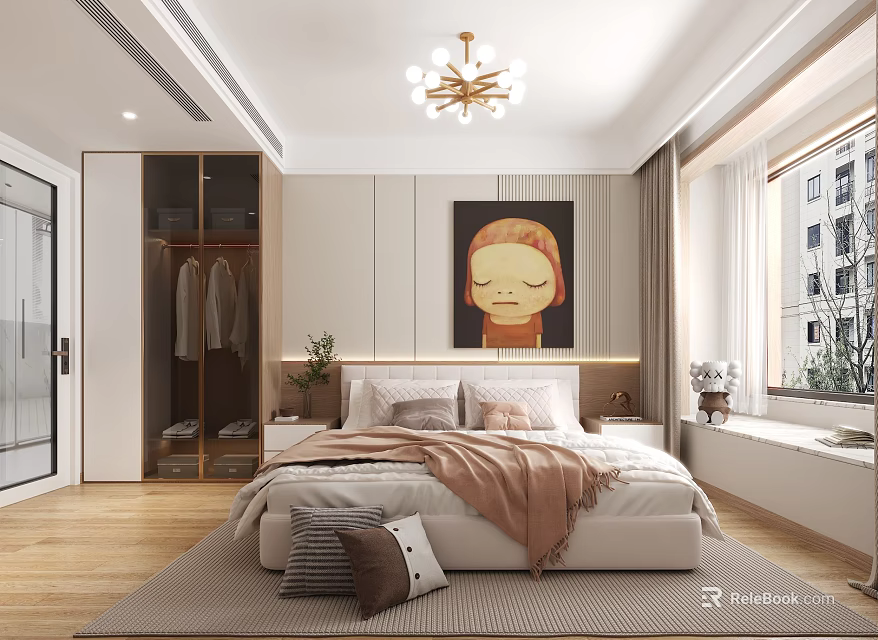 Modern Bedroom Interior with Wooden Floor Chandelier Painting Wardrobe and Window 3d model 