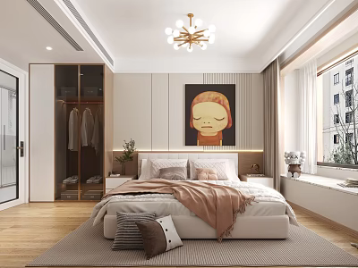 Modern Bedroom Interior with Wooden Floor Chandelier Painting Wardrobe and Window 3d model