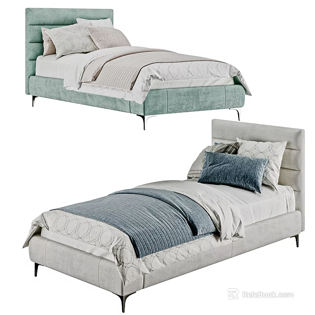 Modern Kids Bed with Upholstered Headboard Soft Blue Gray Design and Decorative Pillows 3d model 