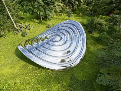 Silver Spiral Landscape Sculpture in Lush Green Park With Surrounding Trees and Grass 3d model