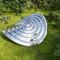 Silver Spiral Landscape Sculpture in Lush Green Park With Surrounding Trees and Grass