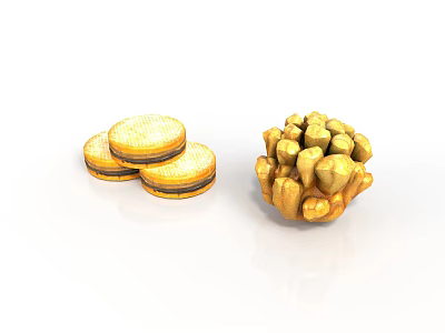 Three Golden Sandwich Cookies And Cluster Of Round Pastries On White Background 3d model