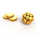 Three Golden Sandwich Cookies And Cluster Of Round Pastries On White Background