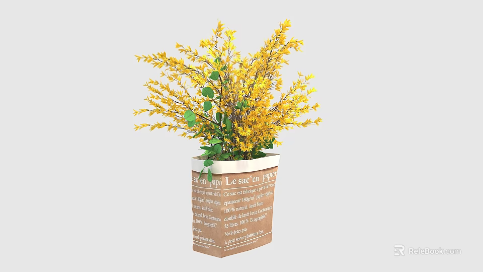 Yellow Flowers Arrangement in Textured Beige Square Vase with Green Leaves 3d model 