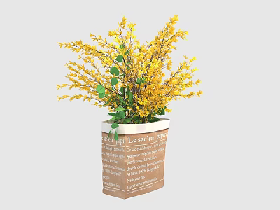 Yellow Flowers Arrangement in Textured Beige Square Vase with Green Leaves 3d model