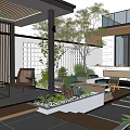 Modern Courtyard Garden Design With Outdoor Furniture Green Plants Lighting And Stone Paving