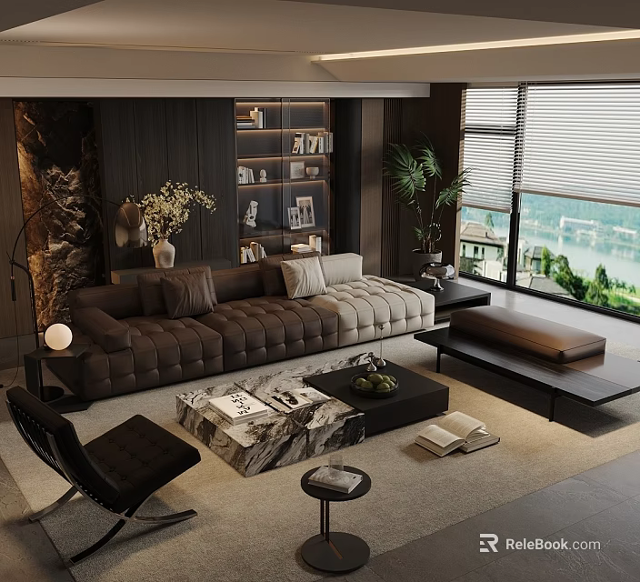 Modern Living Room Sofa And Coffee Table Set With Marble Top Large Windows Green Plants 3d model 