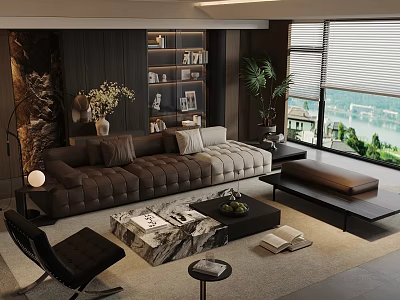 Modern Living Room Sofa And Coffee Table Set With Marble Top Large Windows Green Plants 3d model