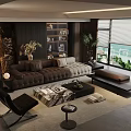 Modern Living Room Sofa And Coffee Table Set With Marble Top Large Windows Green Plants