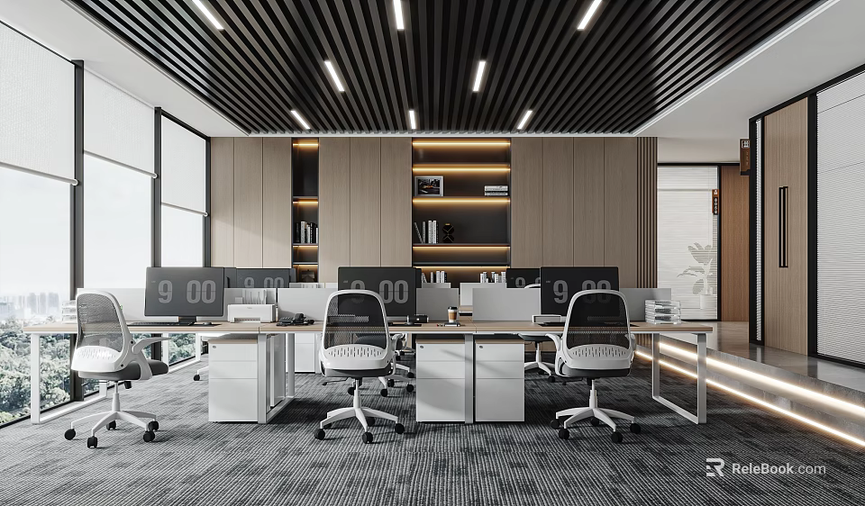 Modern Office Interior With Workstations Computer Monitors White Office Chairs Wooden Walls And Gray Carpet 3d model 