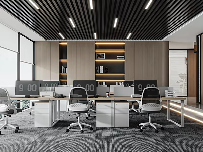 Modern Office Interior With Workstations Computer Monitors White Office Chairs Wooden Walls And Gray Carpet 3d model