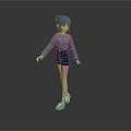 3D Character Model With Blue Hair Gray Long Sleeve Top Black Shorts And Pink Shoes