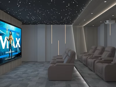 Modern Home Theater Interior Design With Starry Ceiling Large Screen And Recliner Seats 3d model