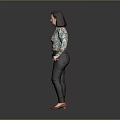 Woman in Floral Blouse Black Pants and Red High Heels Standing Against Gray Background