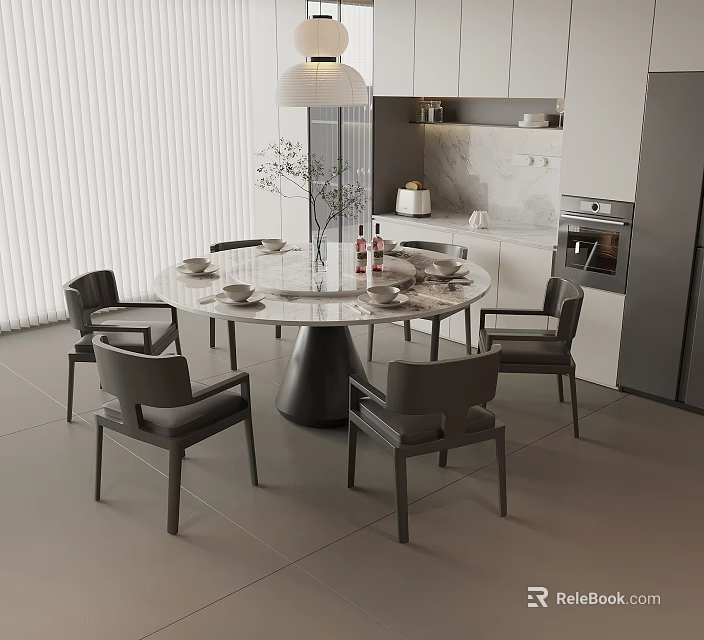 Modern Round Dining Table With Grey Chairs And Pendant Light In Kitchen Space 3d model 