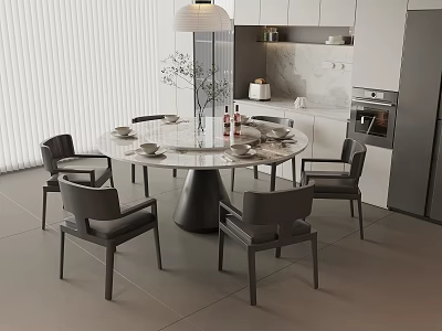 Modern Round Dining Table With Grey Chairs And Pendant Light In Kitchen Space 3d model