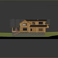 Cartoon Scene Of Cozy Log Cabin With Gray Roof Wooden Porch And Lush Green Grass
