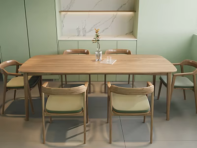 Wooden Dining Table Set With Six Light Green Cushioned Chairs And Marble Shelf Decor 3d model