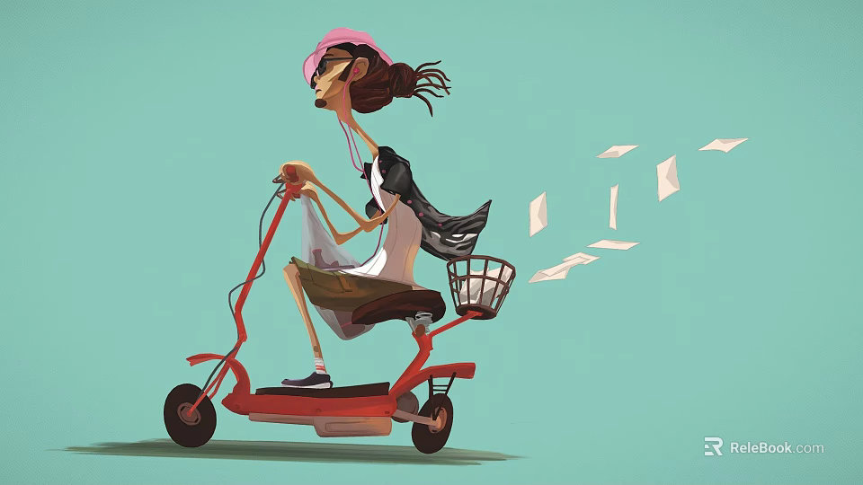 Game Movie Character Riding Red Electric Scooter With Pink Hat Windblown Hair Flying Papers 3d model 